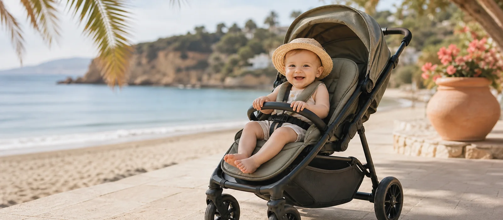 Fröhliches Baby im Buggy auf einer Strandpromenade im Urlaub