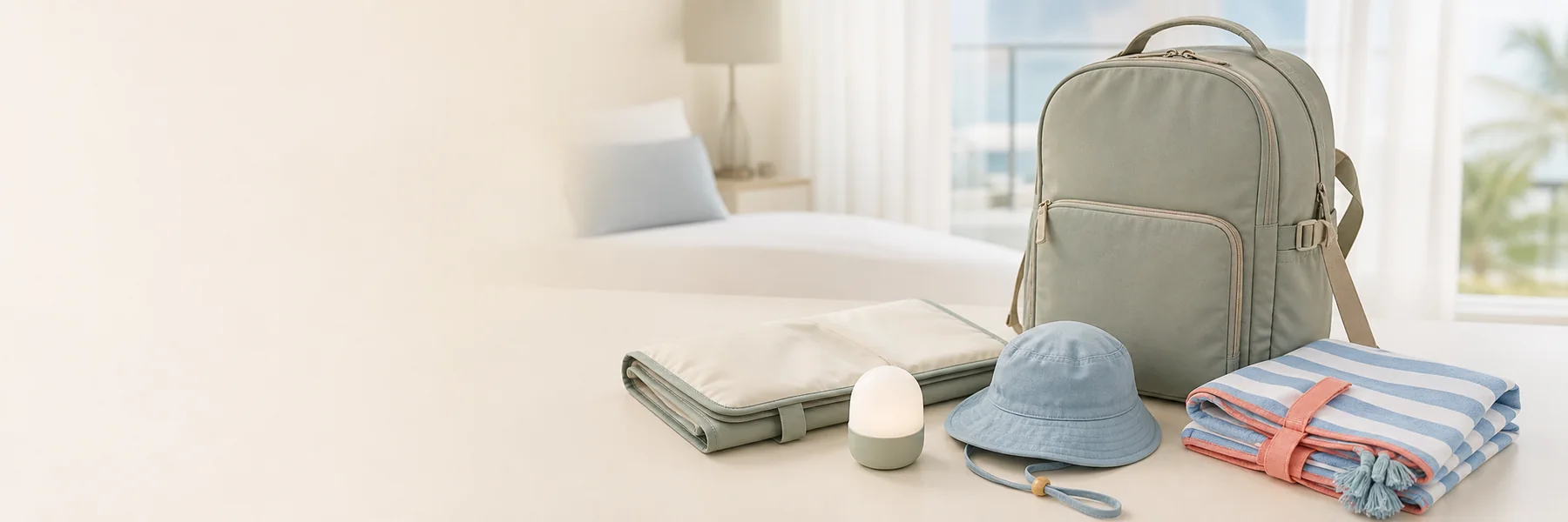 Reisebett und gepackter Familienkoffer in einem hellen Hotelzimmer