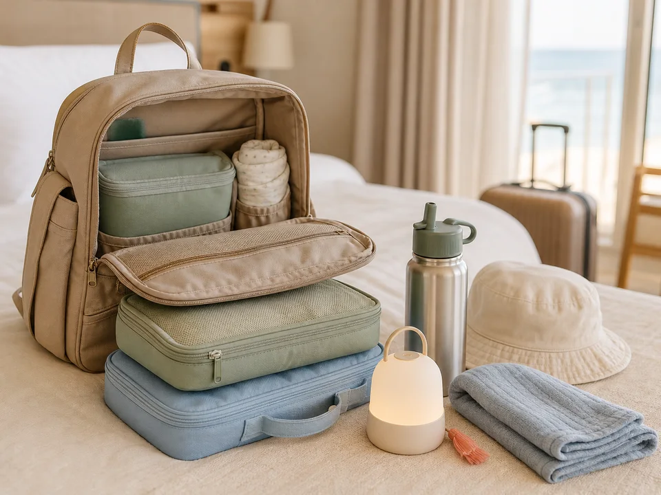 Geöffneter Wickelrucksack mit Packwürfeln und Reise-Basics im Hotelzimmer