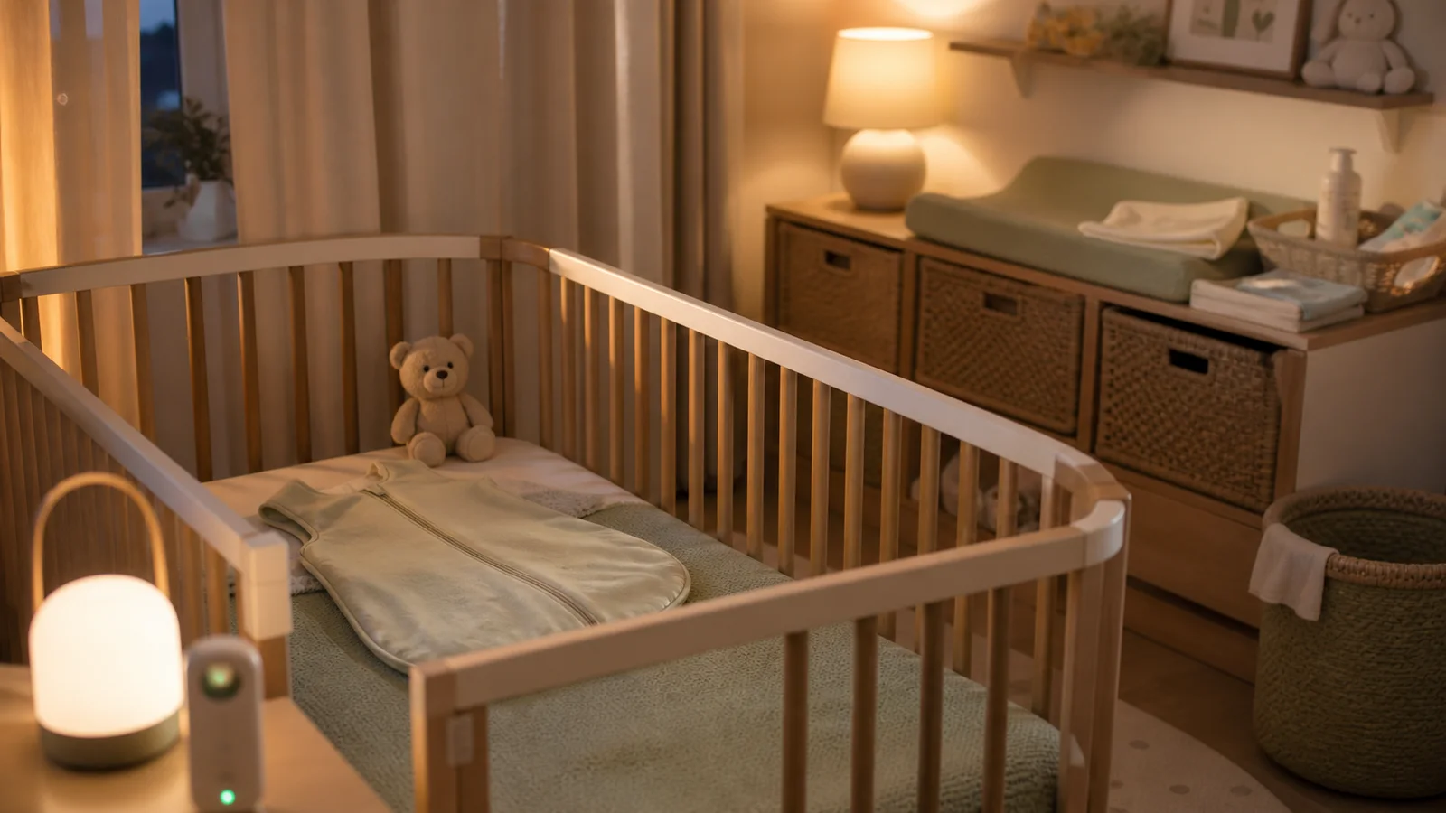 Ruhiges Babyzimmer mit sanftem Licht für Babyschlaf und entspannte Nächte